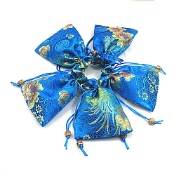 Dodger Blue Chinese Style Flower Pattern Satin Jewelry Packing Pouches, Drawstring Gift Bags, Rectangle, Dodger Blue, 14.5x10.5cm