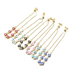 Mixed Color Clear Cubic Zirconia & Enamel Heart with Evil Eye Links Slider Bracelet, Gold Plated Brass Jewelry for Women, Lead Free & Cadmium Free, Mixed Color, 10-3/8 inch(26.4cm)