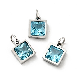 Cyan 304 Stainless Steel Pendants, with Cubic Zirconia and Jump Rings, Single Stone Charms, Square, Stainless Steel Color, Cyan, 9.5x8x3.5mm, Hole: 3.4mm