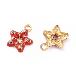 Red 304 Stainless Steel Rhinestone Pendants, with Enamel, Golden, Star Charm, Red, 16x13x2.5mm, Hole: 2.2mm