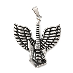 Antique Silver Titanium Steel Pendants, Guitar with Wing Charm, Antique Silver, 48x42.5x5.5mm, Hole: 9x4.5mm