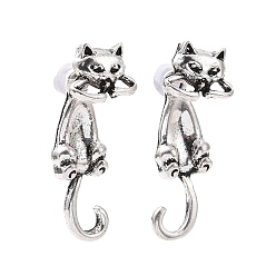 Antique Silver Alloy Cat Front Back Stud Earrings for Women, Antique Silver, 25mm, Pin: 0.7mm