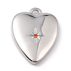 Orange Red Brass Micro Pave Cubic Zirconia Charms, Long-Lasting Plated, Heart with Star, Orange Red, 13x10x2mm, Hole: 1mm