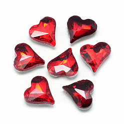 Red Pointed Back Glass Rhinestone Cabochons, Faceted, Back Plated, Heart, Red, 12x11.8x4.5mm