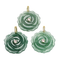 Green Aventurine Natural Green Aventurine Pendants, Flower Charms, with Brass Pave Cubic Zirconia Findings, Golden, 34.5~35x34~35x9mm, Hole: 6.5x9mm