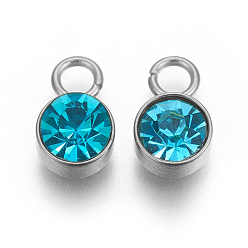Blue Zircon Glass Rhinestone Charms, Birthstone Charms, with Stainless Steel Color Tone 201 Stainless Steel Findings, Flat Round, Blue Zircon, 10x6x5mm, Hole: 2mm