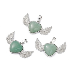 Green Aventurine Natural Green Aventurine Pendants, Heart Charms with Wing, with Platinum Tone Brass Findings, 22x37.5x7mm, Hole: 7.5x5mm