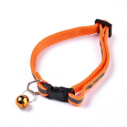 Orange Adjustable Polyester Reflective Dog/Cat Collar, Pet Supplies, with Iron Bell and Polypropylene(PP) Buckle, Orange, 21.5~35x1cm, Fit For 19~32cm Neck Circumference