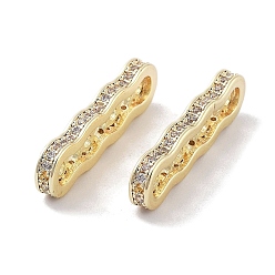 Real 18K Gold Plated Brass Micro Pave Clear Cubic Zirconia Multi-Strands Links, Spacer Bars, Wavy Oval, 3-Hole, Real 18K Gold Plated, 7x25x2.5mm, Hole: 1.4mm