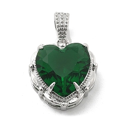 Зеленый Латунь стекло амулеты, сердце прелести, стойки покрытие, долговечный, без свинца и без кадмия, граненые, платина, зелёные, 14.5x13.5x6.5 мм, отверстие : 2x3.5 мм