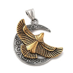 Antique Silver & Antique Golden 304 Stainless Steel Pendants, Moon with Eagle Charm, Antique Silver & Antique Golden, 46x41x4.5mm, Hole: 9x5mm