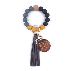 Goldenrod Silicone Beaded Wristlet Keychain, with Imitation Leather Tassel and Word Mama Board, for Women Car Key or Bag Decoration, Goldenrod, 20cm