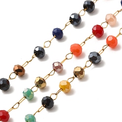 Colorful Ion Plating(IP) Real 18K Gold Plated 316 Surgical Stainless Steel Link Chains, with Glass Round Beads, Soldered, with Spool, Colorful, 2.5x3mm, Bead: 3x2.5mm