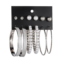 E0287-2 Exaggerated Pearl Hoop Earrings Set - Matte Inlaid Diamond Studs