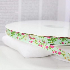 Green Printed Polyester Grosgrain Ribbon, Flower Pattern, for DIY Craft Sewing Accessories, Green, 3/8 inch(10mm), about 100.00 Yards(91.44m)/Roll