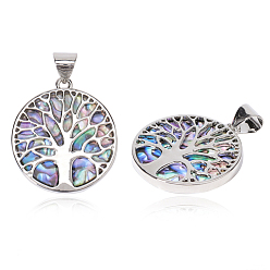 Platinum Resin Imitation Paua Shell/Abalone Shell Pendants, with Alloy Findings, Flat Round with Tree of Life, Platinum, 37.5x33.5x3mm, Hole: 6x8.5mm