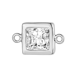Platinum Brass Pave Clear Cubic Zirconia Connector Charms, Square Links, Platinum, 12x7x3.4mm