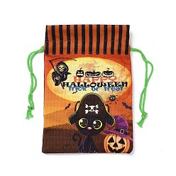 Cat Shape Halloween Cotton Cloth Storage Pouches, Rectangle Drawstring Treat Bags Goody Bags, for Candy Gift Bags, Cat Pattern, 21x14.5x0.4cm