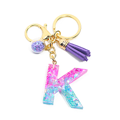 Letter K Resin Keychains, Tassel Keychain, Glass Ball Keychain, with Light Gold Tone Plated Iron Findings, Alphabet, Letter.K, 11.2x1.2~5.7cm