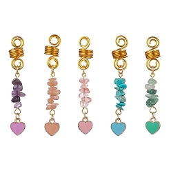 Mixed Color Aluminum Dreadlocks Beads, Alloy Enamel Heart & Gemstone Chips Braiding Hair Pendants Decoration Clips, for Hair Styling, Mixed Color, 63mm