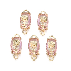 Pink Подвески-коннекторы из латуни с микропаве из прозрачного кубического циркония и стекла, овальные звенья с цветочным узором, золотые, розовые, 19x8x6.5~7.5 мм, отверстие : 1.6~1.8 мм