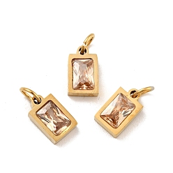 PeachPuff Vacuum Plating 304 Stainless Steel Pendants, with Cubic Zirconia and Jump Rings, Single Stone Charms, Rectangle, Golden, PeachPuff, 9.5x6x3mm, Hole: 3.6mm