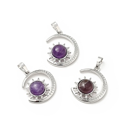 Amethyst Natural Amethyst Pendants, with Platinum Tone Brass Findings, Lead Free & Cadmium Free, Moon with Sun Charms, 29~30x23x7.5~8mm, Hole: 5x8mm