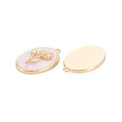April Daisy Brass Birth Floral Pendants, Oval with Flower Mother of Pearl White Shell Charms, Nickel Free, Real 18K Gold Plated, April Daisy, 27x18x4mm, Hole: 1.8mm