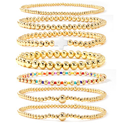 Белый 7 шт. латунные круглые браслеты с бусинами для женщин, с пластиковыми крестообразными бусинами, золотые, белые, 6.50 дюйм (16.5 см) ~ 6.89 дюйм (17.5 см)