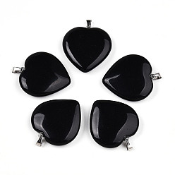 Обсидиан Природные подвески обсидиана, с защелкой из нержавеющей стали на поручнях, сердце, цвет нержавеющей стали, 31x30x8 мм, отверстие : 5.5x2.5 мм