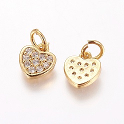 Golden Brass Cubic Zirconia Charms, Heart, Clear, Golden, 8.5x8x2mm, Hole: 3mm