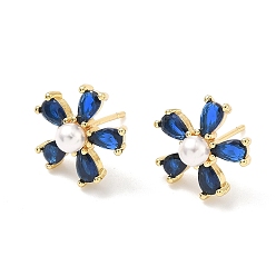 Средно-синий Цветок латунь кубического циркония серьги стержня, с пластмассовой жемчужиной abs, без кадмия и без свинца, долговечный, стойки покрытие, реальный 18 k позолоченный, светло-синий, 13.5x14 мм