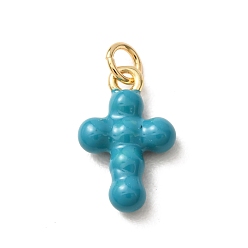 Dark Cyan Brass Pendants, with Enamel, Cross Charms, Rack Plating, Long-Lasting Plated, Lead Free & Cadmium Free, Real 18K Gold Plated, Dark Cyan, 17.5x11x4mm, Hole: 3mm