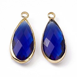 Sapphire K9 Glass Pendants, Teardrop Charms, Faceted, with Light Gold Tone Brass Edge, Sapphire, 24.5x10.5x5.5mm, Hole: 2.3mm