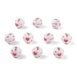 Rouge Perles européennes en bois naturel imprimées, perle avec trou grande, ronde avec motif coeur, rouge, 16mm, Trou: 4mm