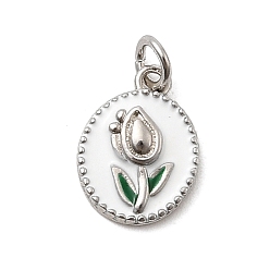 Белый Латунь эмаль прелести, овальные с цветком, стойки покрытие, долговечный, без кадмия и без свинца, платина, с целью перехода в кольце, белые, 11.5x8.5x2 мм, отверстие : 3.4 мм