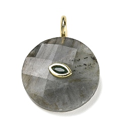 Labradorite Natural Labradorite Faceted Pendants, Flat Round Charms, with Rack Plating Golden Tone Brass Micro Pave Cubic Zirconia Findings, Horse Eye, 32.5~33x25~25.5x7~7.5mm, Hole: 4mm