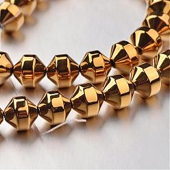 Golden Plated Electroplate Non-magnetic Synthetic Hematite Bead Strands, Bicone, Golden Plated, 6x6mm, Hole: 1mm, about 61pcs/strand, 15.7 inch
