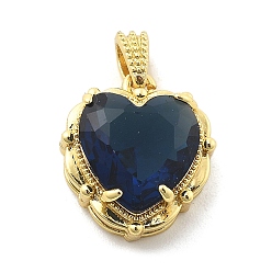 Темно-Синий Латунь стекло амулеты, сердце прелести, стойки покрытие, долговечный, без свинца и без кадмия, граненые, реальный 18 k позолоченный, темно-синий, 14.5x13.5x6.5 мм, отверстие : 2x3.5 мм