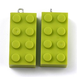 Yellow Green Opaque Acrylic Pendants, with Platinum Iron Loop, Long Rectangle Building Block Charms, Yellow Green, 36x16x11.5mm, Hole: 1.5mm