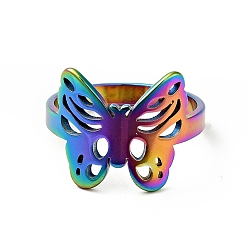 Rainbow Color Ion Plating(IP) 201 Stainless Steel Butterfly Thick Finger Ring for Women, Rainbow Color, US Size 6 1/2(16.9mm)