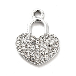 Crystal Alloy Rhinestone Pendants, Platinum Tone Heart Lock Charms, Crystal, 19.5x14.5x2.5mm, Hole: 2mm