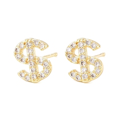 Настоящее золото 18K Серьги-гвоздики из латунного микро-паве, знак доллара, долговечный, стойки покрытие, без свинца и без кадмия, реальный 18 k позолоченный, 9x8 мм