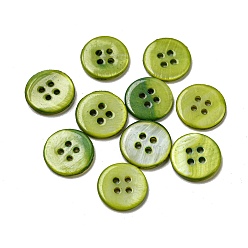 Yellow Green Freshwater Shell Buttons, 4-Hole, Flat Round, Yellow Green, 14x1.7~2.2mm, Hole: 1.6mm