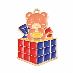 Red Alloy Enamel Pendants, Magic Cube with Bear Charm, Red, 33x21x1.5mm, Hole: 2mm