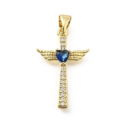 Темно-Синий Латунные микро проложить кубического циркония подвески, подвески крест, крыло и сердце, реальный 18 k позолоченный, стойки покрытие, долговечный, без свинца и без кадмия, темно-синий, 25x16x4 мм, отверстие : 5x3.5 мм