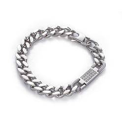 Stainless Steel Color 304 Stainless Steel Curb Chain Bracelets, with Lobster Claw Clasps and Alloy Rhinestone Findings, Stainless Steel Color, 8-1/4 inch(20.9cm)