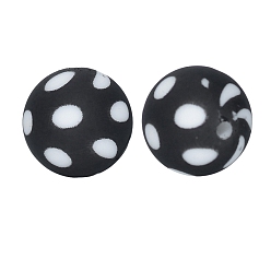 Black Round with Wave Point Print Pattern Food Grade Silicone Beads, Silicone Teething Beads, Black, 15mm