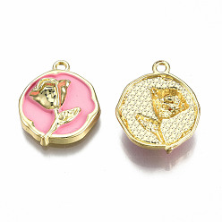 Pink Rack Plating Alloy Enamel Pendants, Cadmium Free & Lead Free, Light Gold, Flat Round with Rose, Pink, 21.5x18.5x5.5mm, Hole: 1.6mm