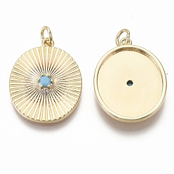 Sky Blue Brass Pendant Cabochon Settings, with Acrylic Rhinestone and Jump Ring, Oval, Nickel Free, Real 18K Gold Plated, Sky Blue, Tray: 16x19mm, 23x18x4mm, Hole: 3mm